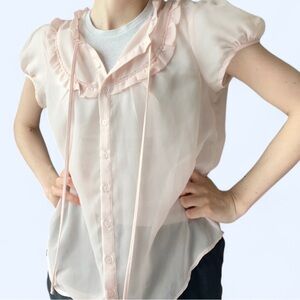 Y2K Forever 21 Womens Pink Ruffle Sheer Puff Sleeve Coquette Babydoll Twee Large